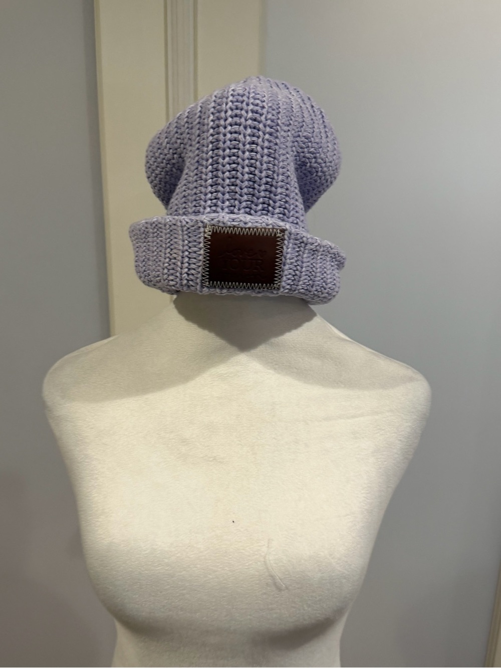Love Your Melon Lavender Knit Beanie with Leather Patch